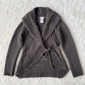 Y2K 90s Hekla & Co. Anthropologie Woman Gray Wool Tie Wrap Chunky Knit Cardigan